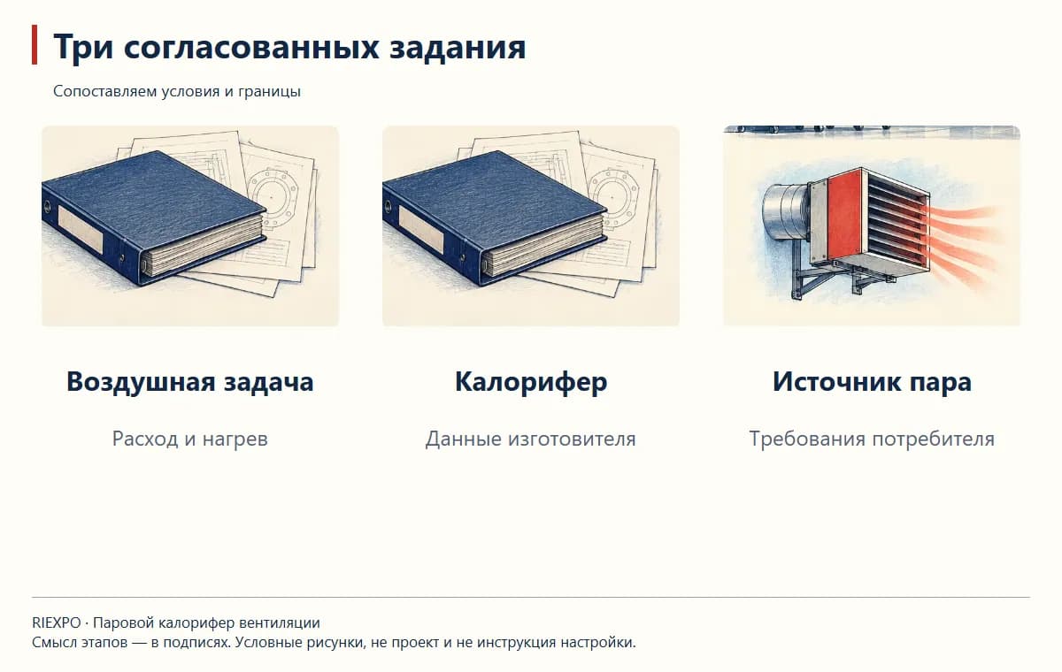 Три согласованных задания: Воздушная задача, Калорифер, Источник пара