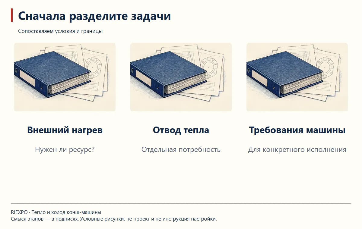 Сначала разделите задачи: Внешний нагрев, Отвод тепла, Требования машины