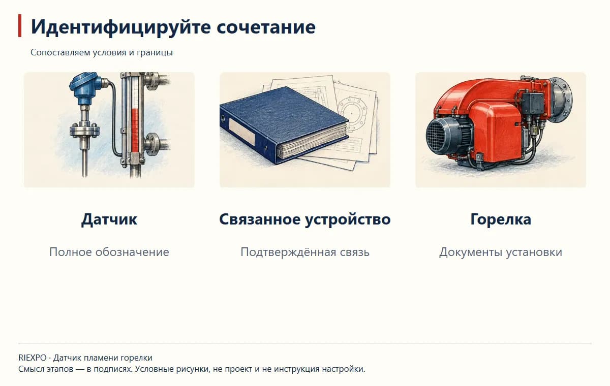 Идентифицируйте сочетание: Датчик, Связанное устройство, Горелка