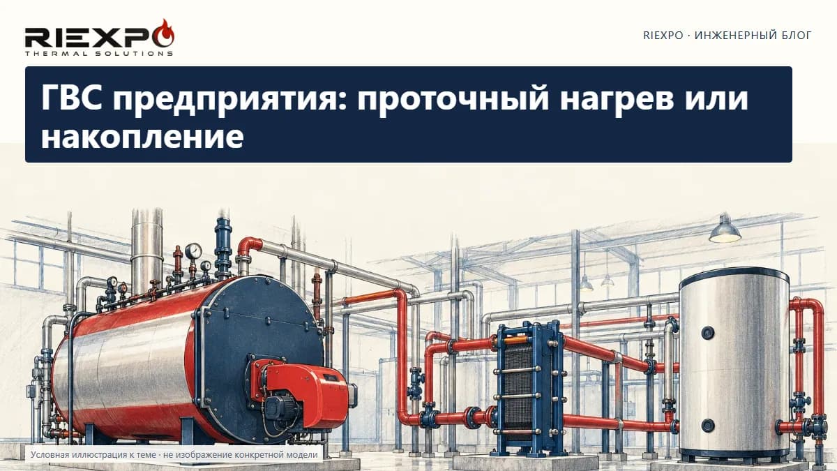 ГВС предприятия: проточный нагрев или накопление: иллюстрированная обложка RIEXPO, стиль 4