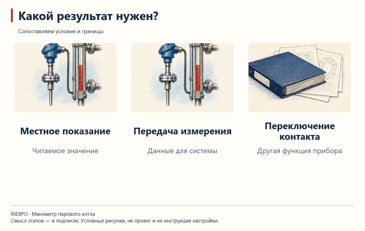 Какой результат нужен?: Местное показание, Передача измерения, Переключение контакта
