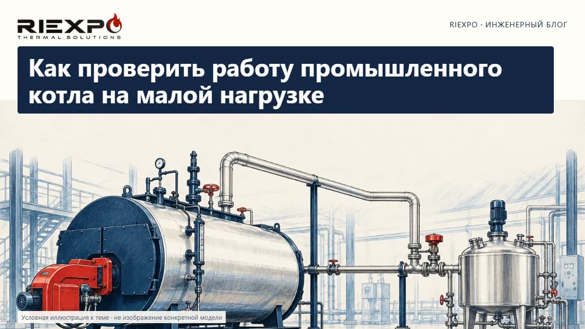 Как проверить работу промышленного котла на малой нагрузке: иллюстрированная обложка RIEXPO, стиль 4