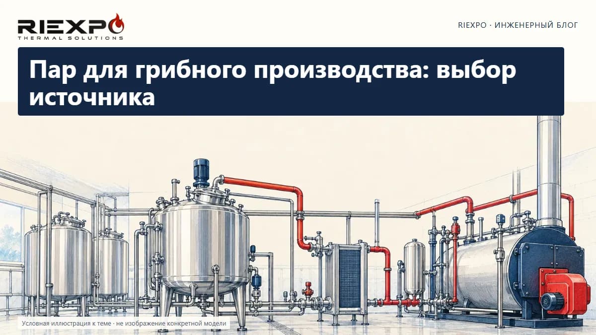 Пар для грибного производства: выбор источника: иллюстрированная обложка RIEXPO, стиль 4