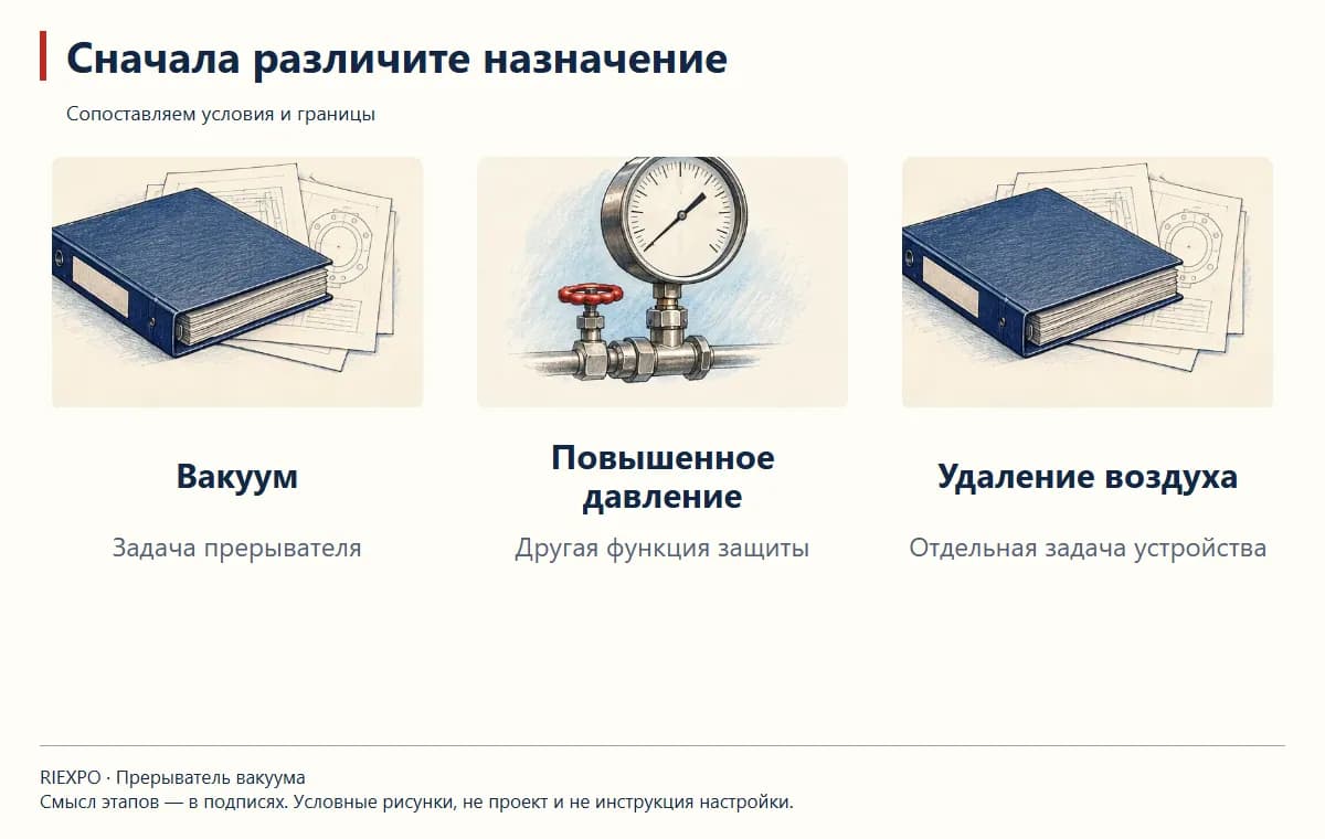 Сначала различите назначение: Вакуум, Повышенное давление, Удаление воздуха