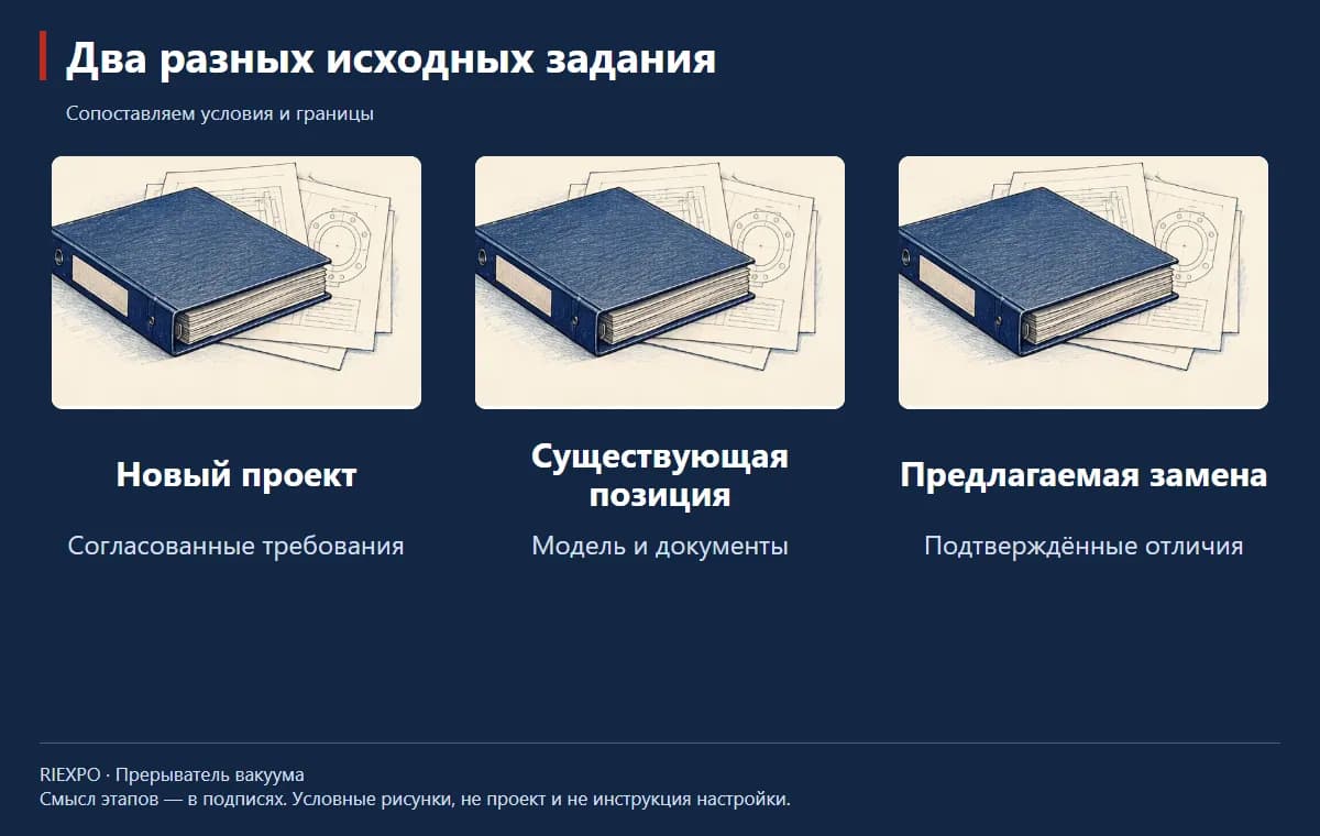 Два разных исходных задания: Новый проект, Существующая позиция, Предлагаемая замена