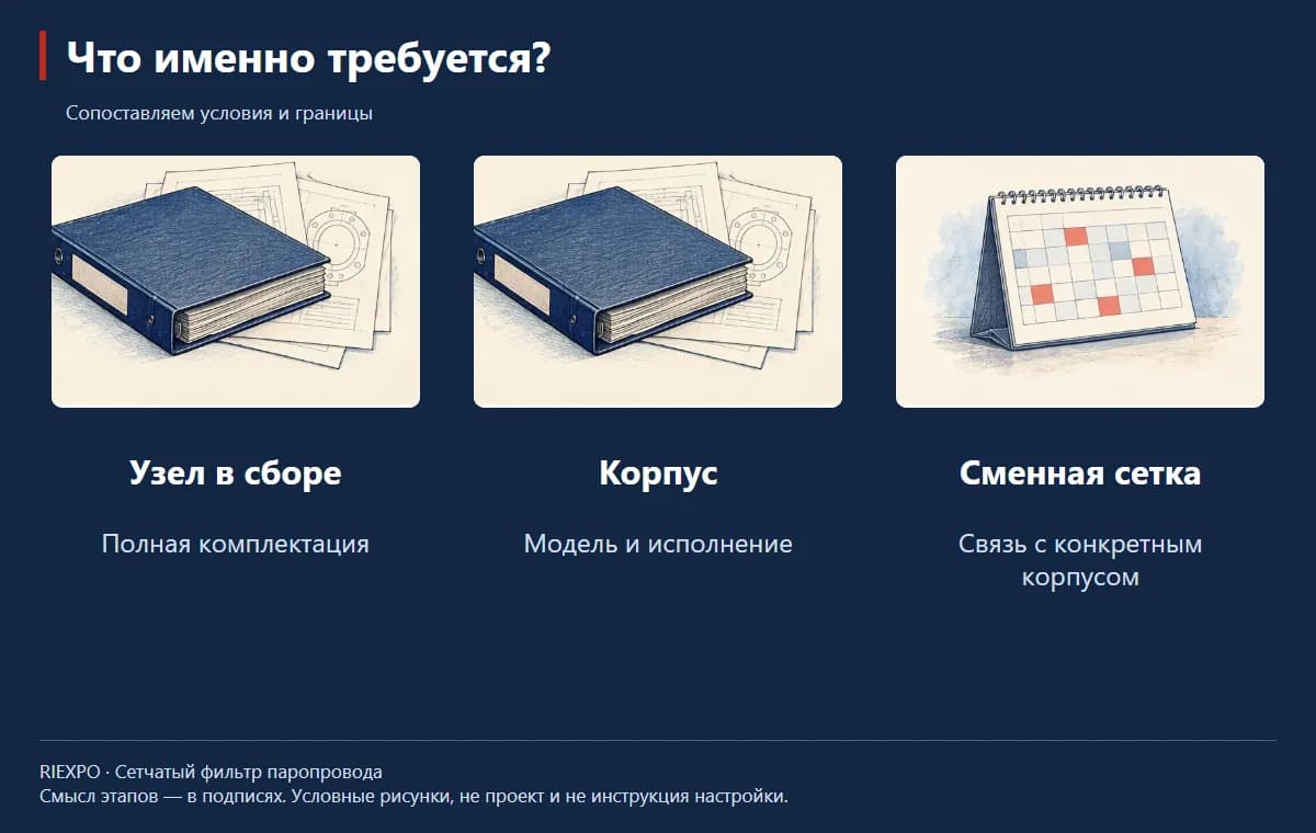 Что именно требуется?: Узел в сборе, Корпус, Сменная сетка