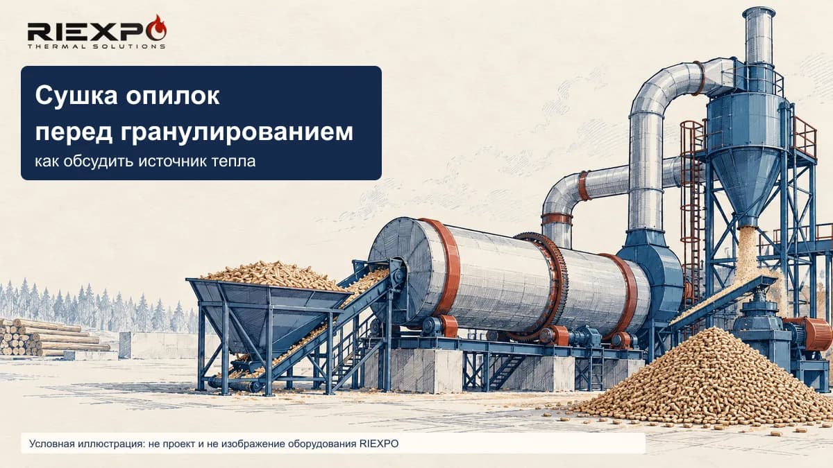 Условная линия сушки древесного сырья перед гранулированием